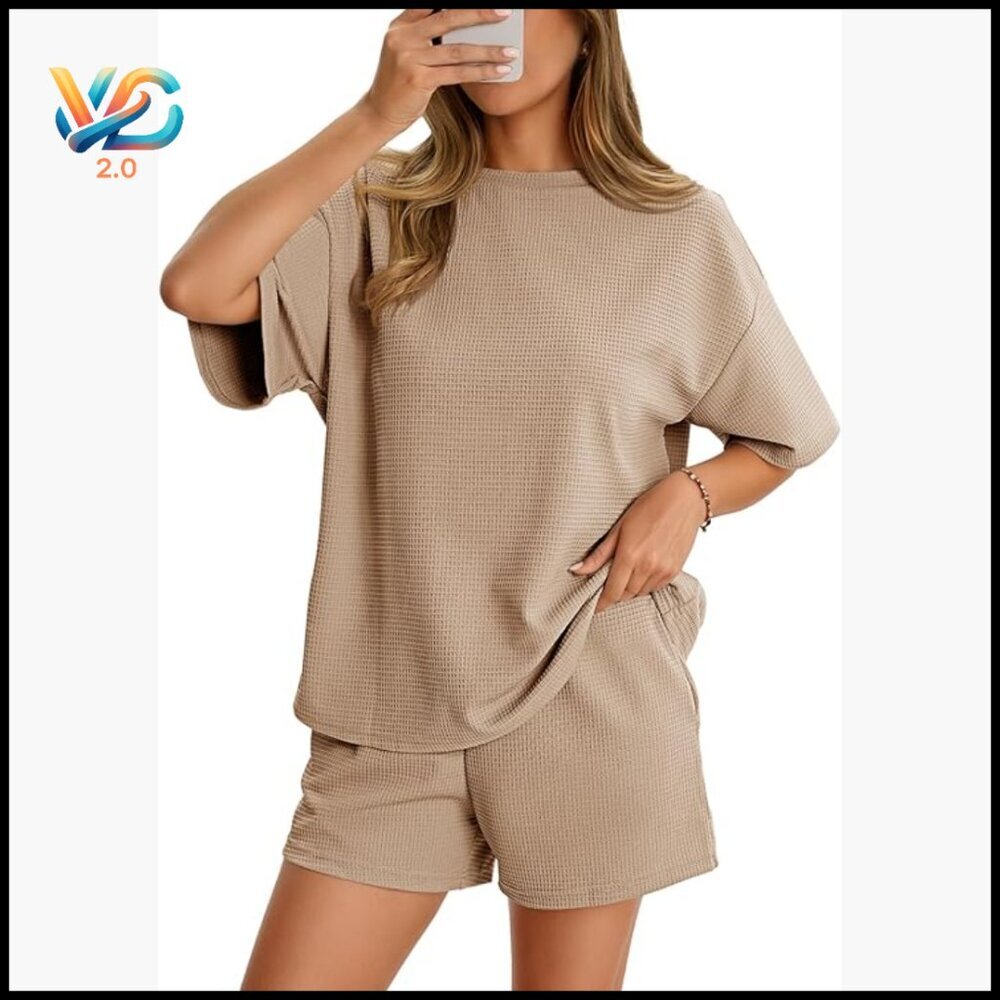 Waffle Knit Short Sleeve Shirt and Shorts Set Loose Fit Summer Outfit